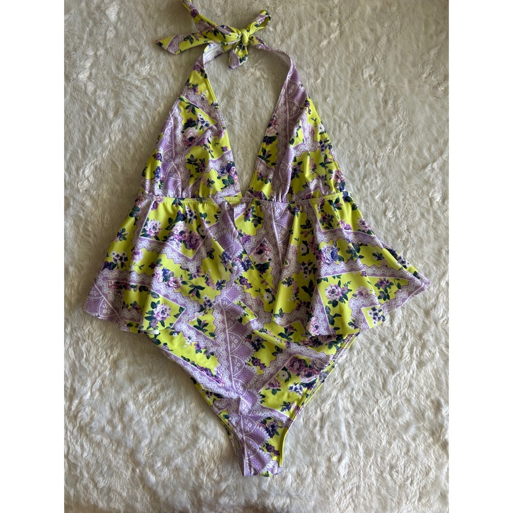 ASOS Boho Whimsical Floral Patchwork Peplum Halter One Piece Swimsuit Size 8